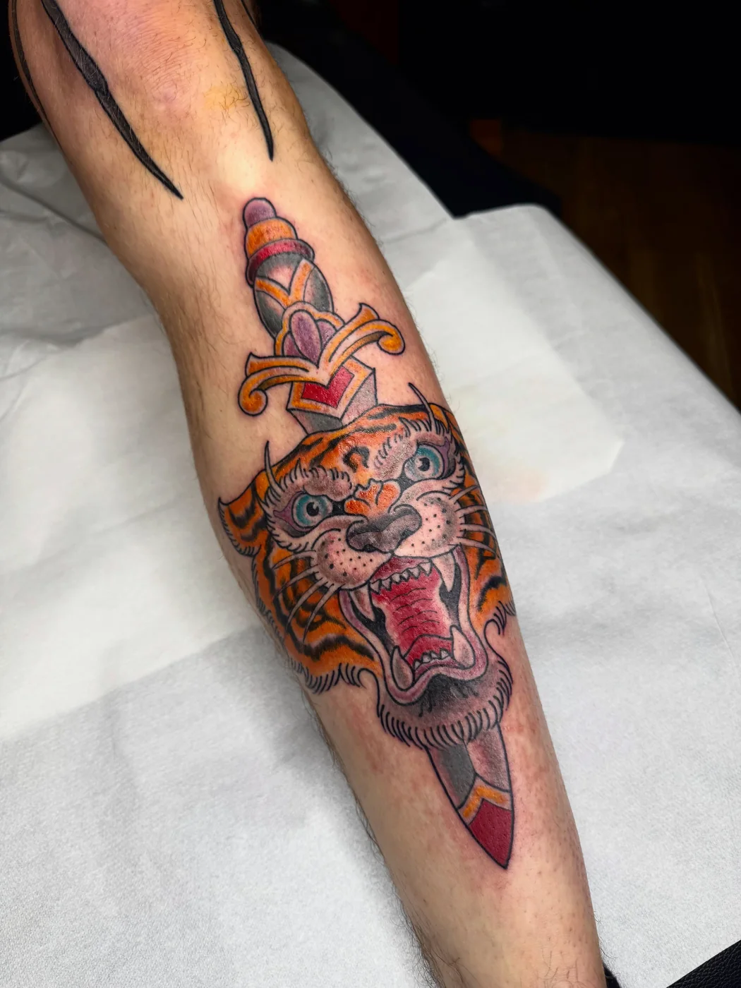 Farbiges Traditional-Tattoo Tiger und Dolch von Marius